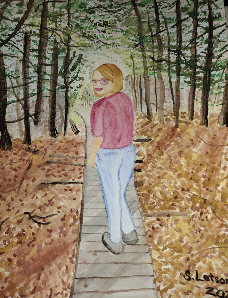 Watercolor painting of a girl walking away on a wooden path in the woods, looking back over her shoulder.