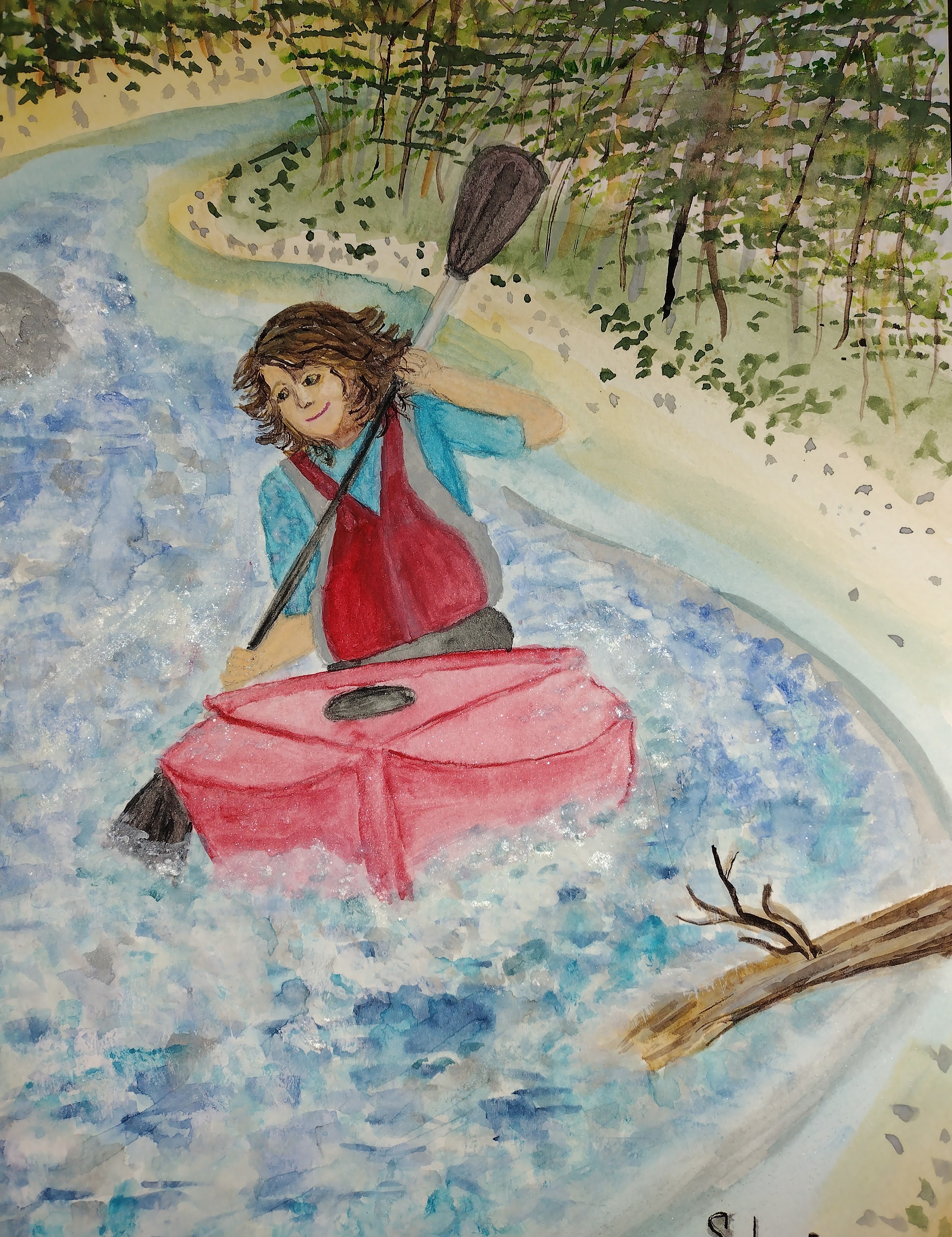 Watercolor painting of a girl kayaking on a fast moving river wearing a red life jacket.