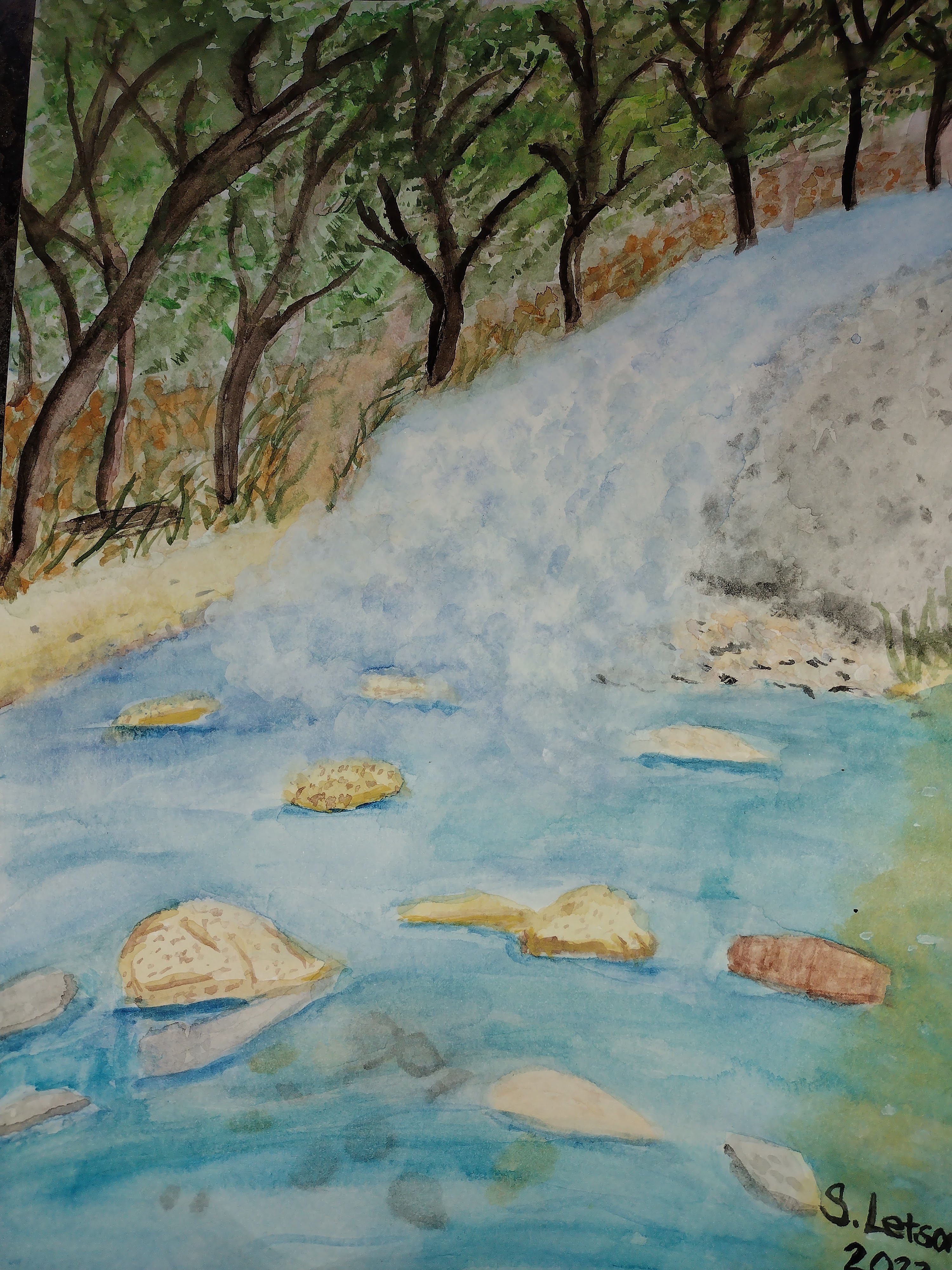 Watercolor painting of a small waterfall flowing over a large rock into a stream, surrounded by woods.
