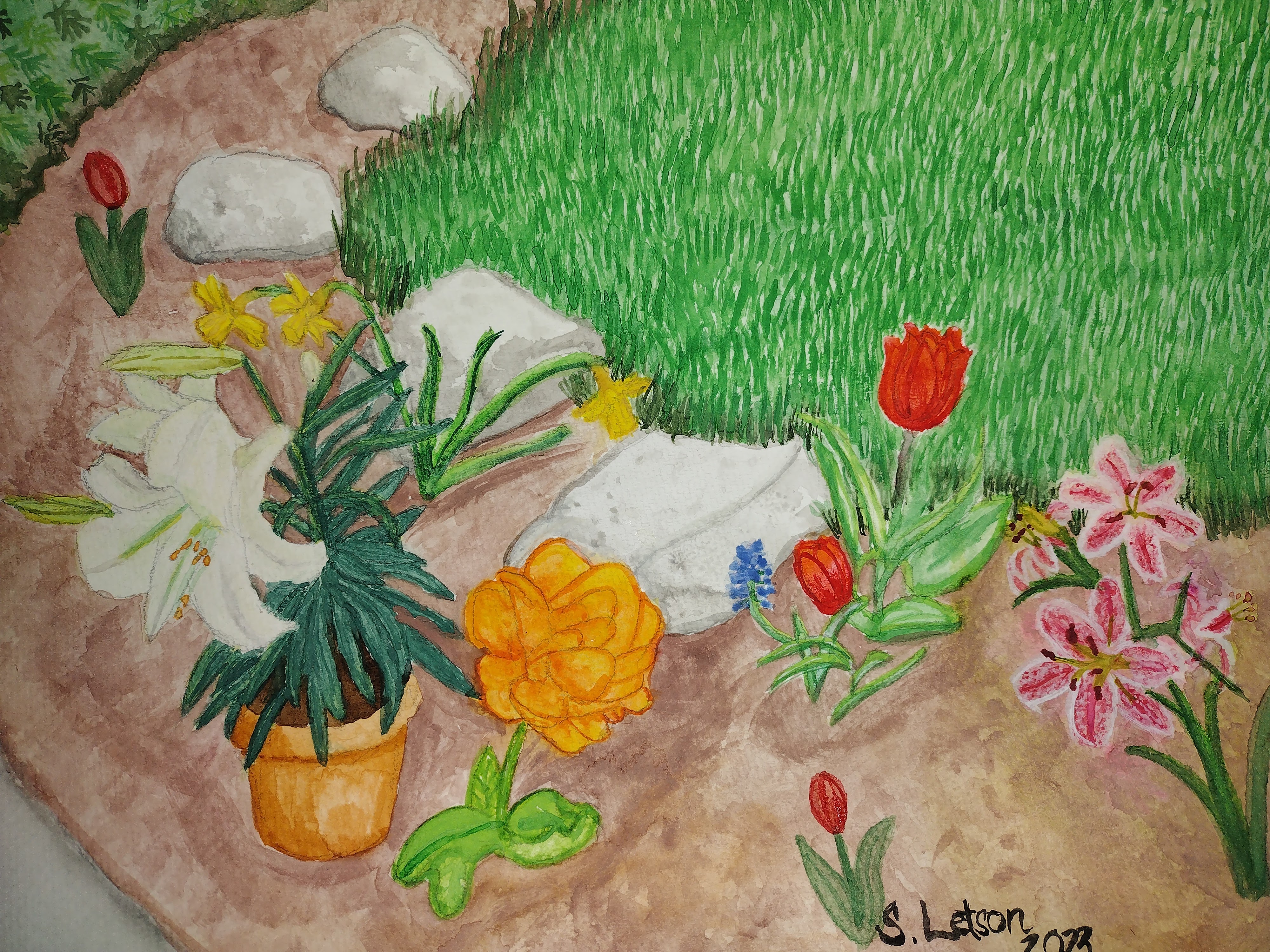 A Watercolor painting of flowers along the edge of sidewalk.