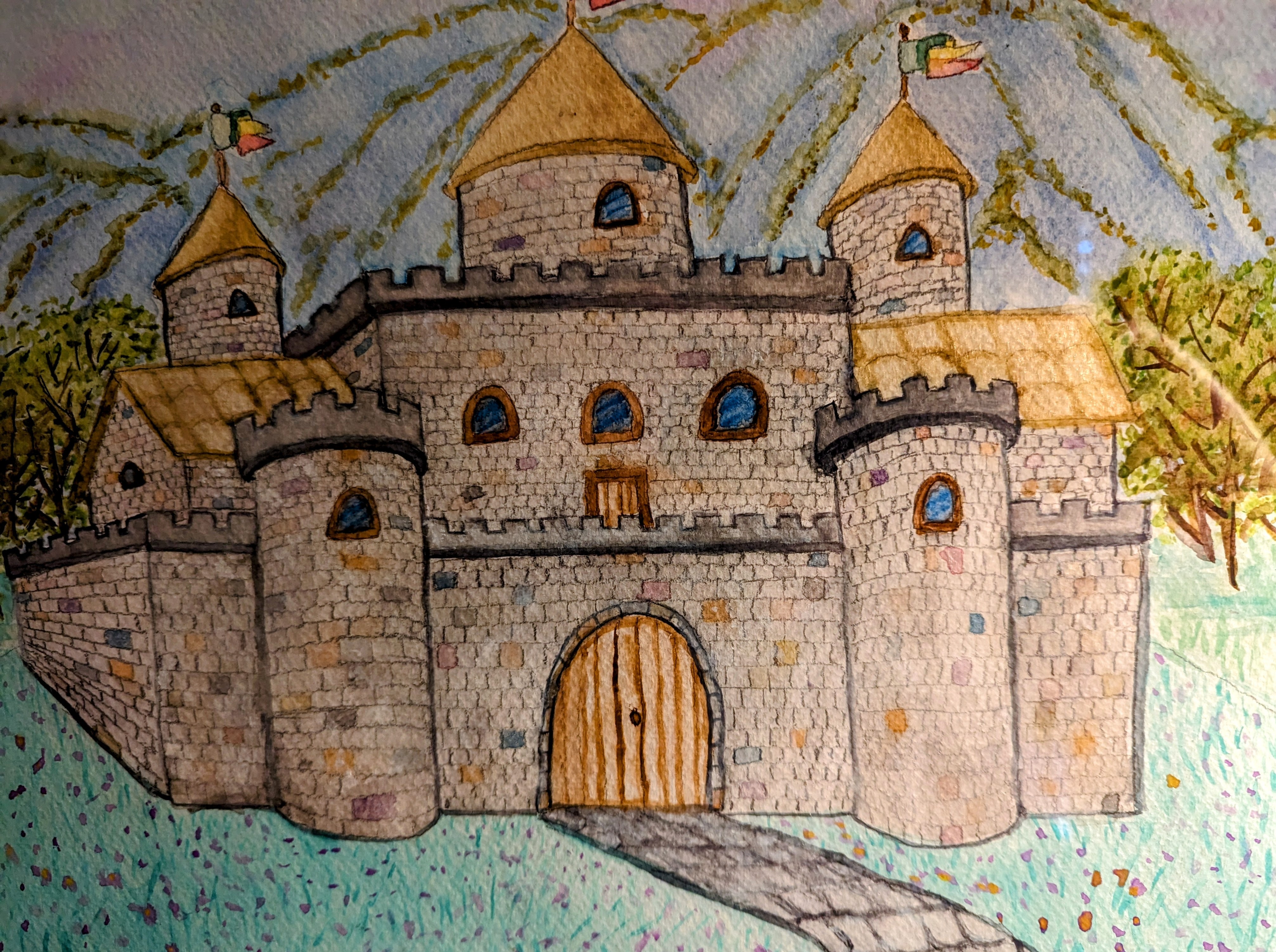 Watercolor photo of a castle sitting in an open field with a forest and mountains in the background.