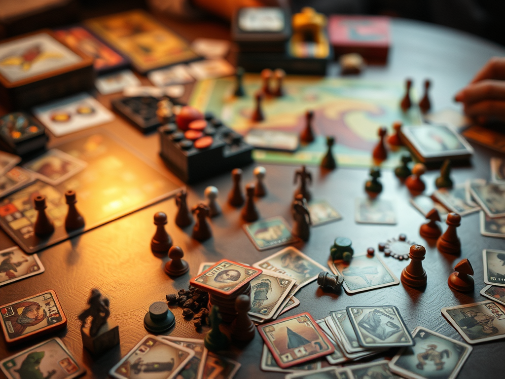 Various board game accessories strewn about a table.