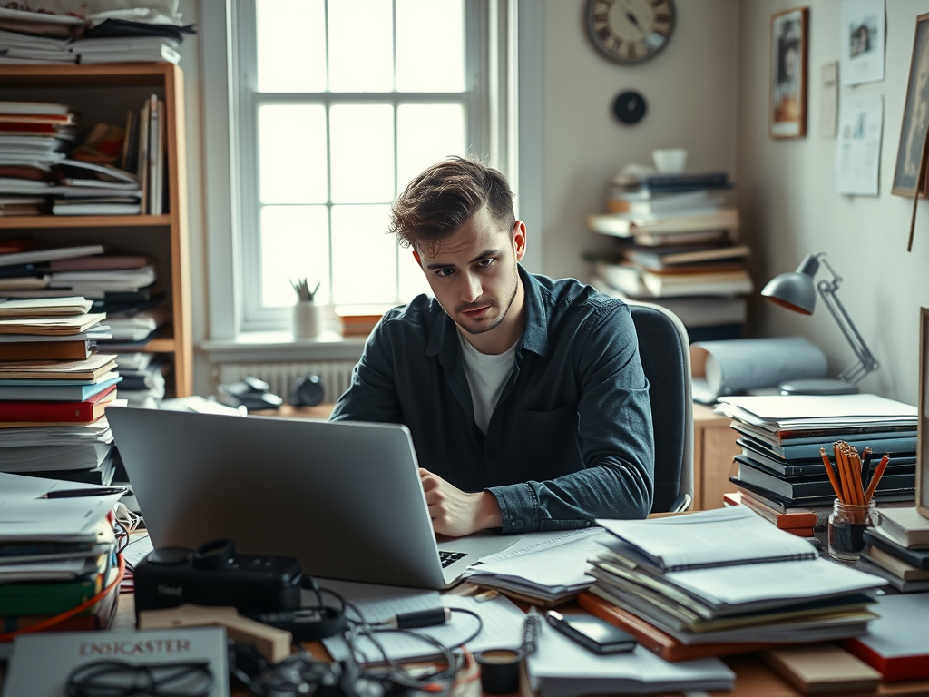 Man sitting at a laptop computer staring at piles of folders all around him on his desk.